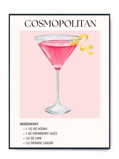 a pink cocktail with an orange garnish in it and the words cosmopolian