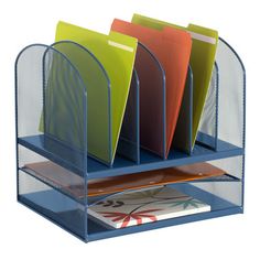 three tiered desk organizer with mesh sides and file folders in blue, green, red, orange and yellow