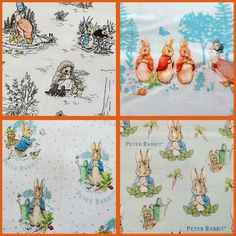 four different images of peter rabbit fabric