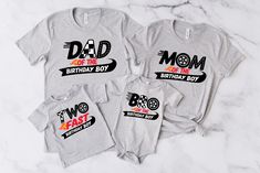 three t - shirts with the words'dad of the birthday boy and two year old on them