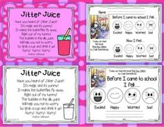 a pink and white polka doted background with four different types of juice