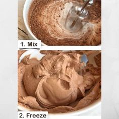 three pictures showing how to make chocolate frosting in a mixing bowl with the instructions below