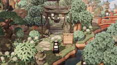 a painting of a japanese garden with trees and lanterns