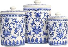 10 Strawberry Street Kitchen Canister, 3 Piece Set, Chinoiserie Blue Blue And White Kitchen Farmhouse, Kitchen Canisters On Counter, Chinoiserie Chic Kitchen, Countertop Canisters, Chinoiserie Kitchen, 3 Piece Kitchen Canister Set, Ceramic Canister Set, White Bedspreads, 10 Strawberry Street