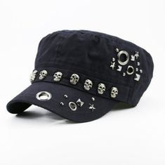 a black hat with skulls on it and silver studdings around the brim