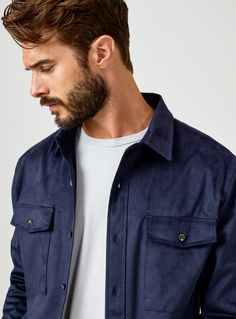 A staple in every well-dressed guy's wardrobe, this jacket is an essential you'll love. This lightweight, comfortable, and easy layering piece will be your go-to. Details Model is 6'1" and wears a size medium. Care: Permanent Press cycle. Machine wash cold on delicate cycle. Do not tumble dry. Iron on low. Dry clean for best results. Composition: 87% Polyester | 13% Elastane Fitted Masculine Long Sleeve Outerwear, Masculine Fitted Long Sleeve Outerwear, Blue Unstructured Outerwear For Fall, Navy Outerwear With Lapel Collar And Patch Pockets, Navy Outerwear With Patch Pockets And Lapel Collar, Navy Casual Blazer With Patch Pockets, Casual Navy Blazer With Patch Pockets, Navy Casual Button-up Utility Jacket, Casual Business Outerwear With Long Sleeves