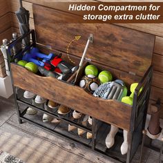 the hidden compartment for storage extra clutter is filled with tennis balls and sports equipment