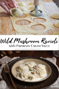 a person is making ravioli with parmesan cream sauce on a wooden table