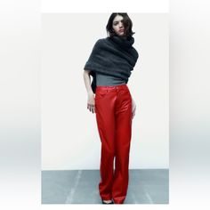 Zara Full Length Faux Leather Pants Beautiful Red Color Windowpane Pants, Zara Leather Pants, Snake Print Pants, Zara Trousers, Olive Green Pants, Zara Jumpsuit, Green Cargo Pants, Zara Leather, Colored Pants