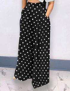 Black Polka Dot Wide Leg Bell-bottomed Pants Non-stretch Polka Dot Summer Bottoms, Polka Dot Summer Bottoms With Pockets, Casual Wide Leg Polka Dot Pants, Casual Wide-leg Polka Dot Pants, Casual Polka Dot Wide Leg Pants, Polka Dot Wide Leg Bottoms With Pockets, Polka Dot Wide Leg Pants With Elastic Waistband, Polka Dot Wide-leg Pants With Elastic Waistband, Summer Polka Dot Pants With Elastic Waistband