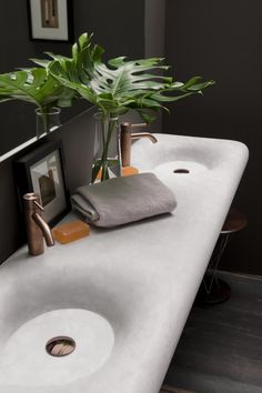 a bathroom sink with two plants in it