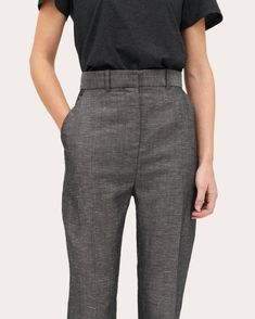 Cut from a structured linen-wool blend, the Paiton trousers exude tailored appeal with pressed front pleats. Set high on the waist, the legs fall in slim form for a flattering, feminine effect. Zip-fly and hook closure High-rise waistline Belt loops Pressed front pleats Side and back pockets 62% wool, 25% linen, 13% polyamide Dry clean only Made in Romania Size & Fit Garment measurements (size EU 36 / US 4): 43.7in outseam, 28.74in waist Model (wearing size EU 36): 5ft 10in tall Size EU 32 (US 0 Chic Structured Bottoms With Pressed Crease, Modern Structured Office Bottoms, Formal Structured Bottoms With Welt Pockets, Chic Linen Workwear Bottoms, Modern Structured Formal Bottoms, Modern Structured Bottoms For Spring, Modern Structured Bottoms For Formal Occasions, Structured Bottoms For Business Casual In Spring, Structured Bottoms For Business Casual Spring Wear