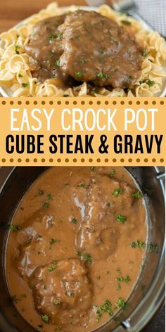 two pictures with the words easy crock pot cube steak and gravy