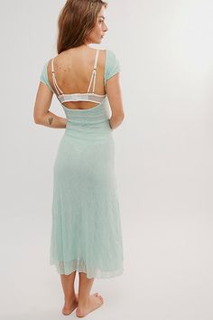 So femme and flattering, this chic slip is featured in a textured lace fabrication and midi-length with a boat-inspired neckline and bold open-back. **Fit:** Slim fit, midi-length **Features:** Textured lace fabrication, stretchy design, lined, boat neckline, cap-inspired sleeves, low open back, raw trim **Why We ❤ It:** This timeless slip can be dressed up or down for daytime and date nights. | Mariposa Lace Backless Slip Dress by Find Me Now at Free People in Green, Size: S Backless Slip Dress, Date Nights, Boat Neckline, Me Now, Boho Clothing, Boho Outfits, Midi Length, Open Back, Date Night