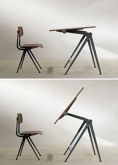 two pictures of a chair with a table on it's back and the other side