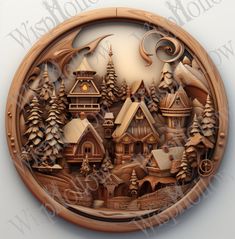 a wooden plaque depicting a winter scene with houses and trees