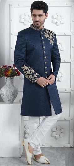 Blue color Sherwani in Art Silk fabric with Embroidered, Thread, Zari work Sherwani Latest Design, Latest Groom Wedding Dress Indian, Groom Sherwani Indian Latest, Sherwani Design, Indian Celebration, Blue Sherwani, Engagement Look, Prom Suits For Men