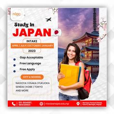 a woman is holding a folder in front of a poster that says study in japan