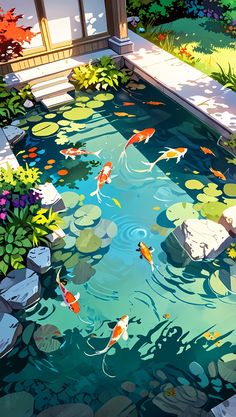 there are many fish swimming in the pond