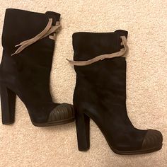 Black Fendi Boots- The Material Is More Like A Soft Corduroy. They Tie Up In The Front For Desired Comfort. They Come Up To The Lower Part Of Your Calf. They’ve Become A Bit Too Tight For Me But I Loved Them! Priced To Sell Quickly. (No Box Unfortunately) Fendi Boots, Fendi Shoes, Shoes Heels Boots, Shoes Women Heels, Heeled Boots, To Sell, Shoes Heels, Fendi, Tights