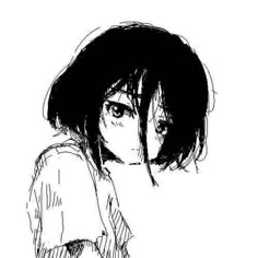 a black and white drawing of a girl with short hair