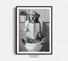 a black and white photo of a dog sitting on top of a toilet reading a newspaper