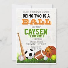 an image of a birthday party card with sports balls and bats on the grass,