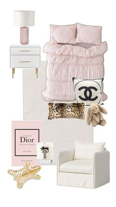 a bedroom with white furniture and pink accessories