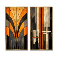 two framed art pieces with an orange and black design