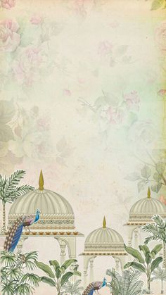 an ornate background with peacocks and palm trees in front of a white dome - like structure