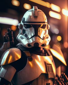 a star wars character is posed in front of the camera with his helmet on and lights behind him