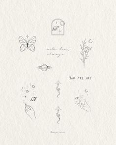 some drawings on paper with the words you are art written in it and butterflies flying around