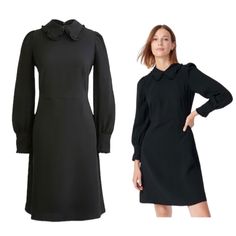 This Adorable Dress Zips Up The Back And Has A Single Clasp. 100% Polyester And Machine Washable Collar And Sleeves Match With Ruffles Fully Lined Very Sweet And Feminine Looking Black Dress Black Mid-length Winter Dress, Collared Black Midi Dress For Work, Black Collared Midi Dress For Work, Black Collared Midi Dress For Daywear, Black Mid-length Fall Dress, Chic Black Collared Dress, Black Mid-length Daywear Dress, Classic Black Mini Dress For Fall, Black Mid-length Dress For Daywear