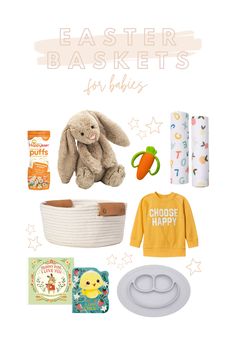 an easter basket for babies is shown with toys, books and other things to put in it