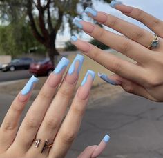 Nails Acrylic Coffin Blue And White, White Blue Acrylic Nails, Pastel Blue French Tip Nails Coffin, Bad B Nails, Coffin Sky Blue Nails, Baby Blue Coffin Nails, Different Shades Of Blue Nails, Long Blue Nails, Sky Blue French Tip 1.5 Coffin