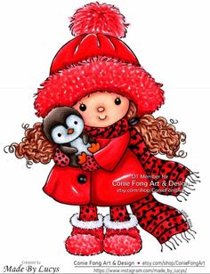 a drawing of a girl holding a penguin wearing a red hat and scarf with her arms wrapped around her neck