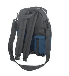 the back view of a backpack with straps on it, showing the front pocket and shoulder strap