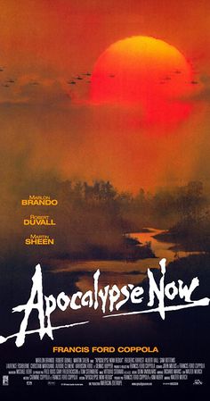 a movie poster with the sun setting in the sky and clouds above it, which reads'apocaypse now franis for copola '