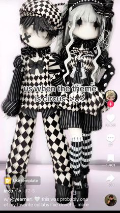 two dolls are dressed in black and white checkered outfits, one is holding the other