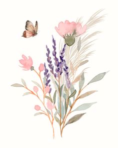 a watercolor painting of flowers and a butterfly