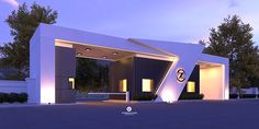 an artist's rendering of the entrance to a modern building at dusk with trees in the background