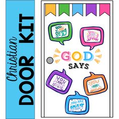 the doorknob is decorated with colorful doodles and speech bubbles that say god says