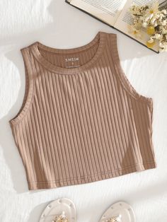 Mocha Brown Casual Collar  Fabric Plain Tank Embellished High Stretch Summer Women Clothing Knitted Crop Tank Top, Stylish Crop Top, Clothes Korean Style, Baby Tees Y2k, 90s Fashion Outfits, Women Tank Tops, Summer Crop Tops, Cropped Tops, Sleeveless Crop Top