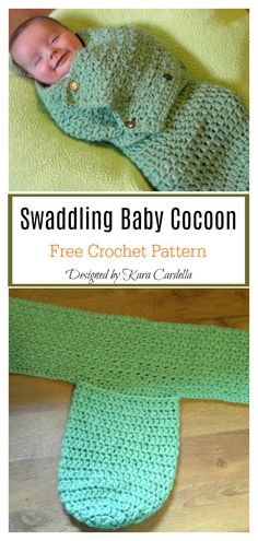 a baby laying on top of a green crocheted blanket with the words, swadling baby cocoon free crochet pattern