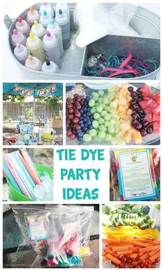 a collage of pictures with different types of party food and decorations on it, including candy