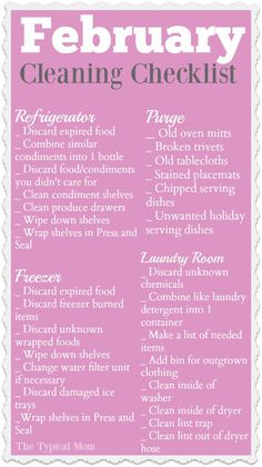 a pink and white poster with the words, february cleaning checklist