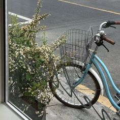 a blue bicycle parked next to a window with flowers in the basket on the side