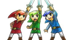 the legend of zelda characters are holding up swords