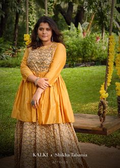 Buy Mellow Yellow Long Dress With Floral Jaal Print And An Attached Peplum Jacket With Front Tie Up And Zari Work Online - Kalki Fashion Yellow Long Dress, Peplum Jacket, Work Online, Zari Work, Yellow Fabric, Mellow Yellow, Online Work, High Neckline