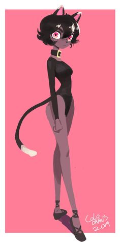 a drawing of a black cat with pink eyes and an open mouth, standing in front of a pink background